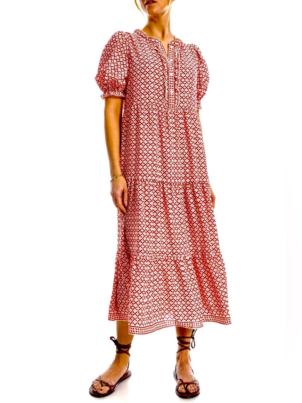 Max Studio Red Printed Tiered Puff Sleeve Maxi Dress